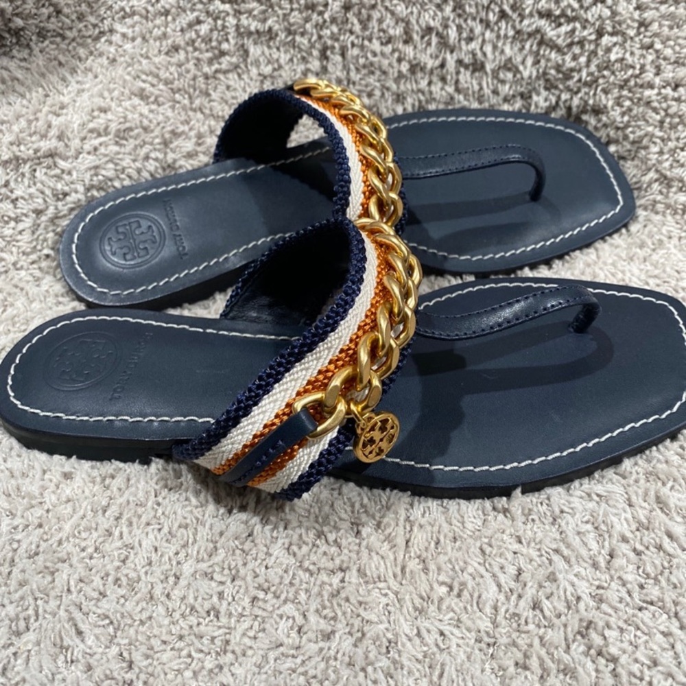 Tory Burch navy blue/tan chain sandal size 5